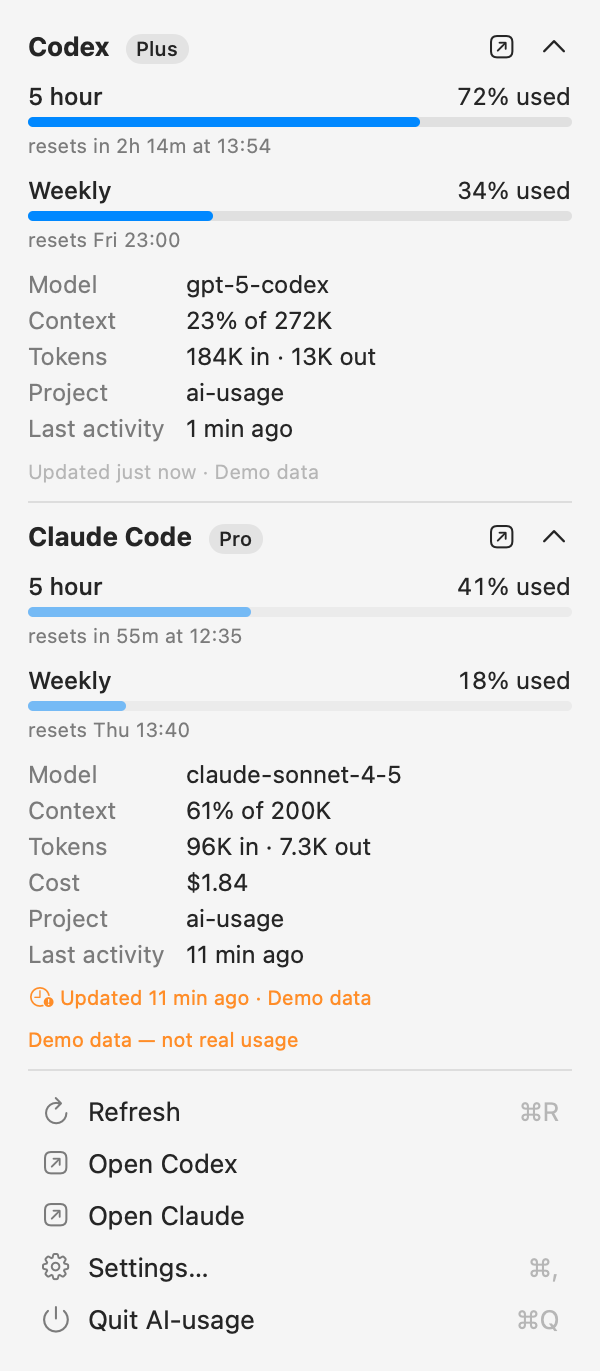 The AI-usage detail panel with Codex and Claude Code usage bars